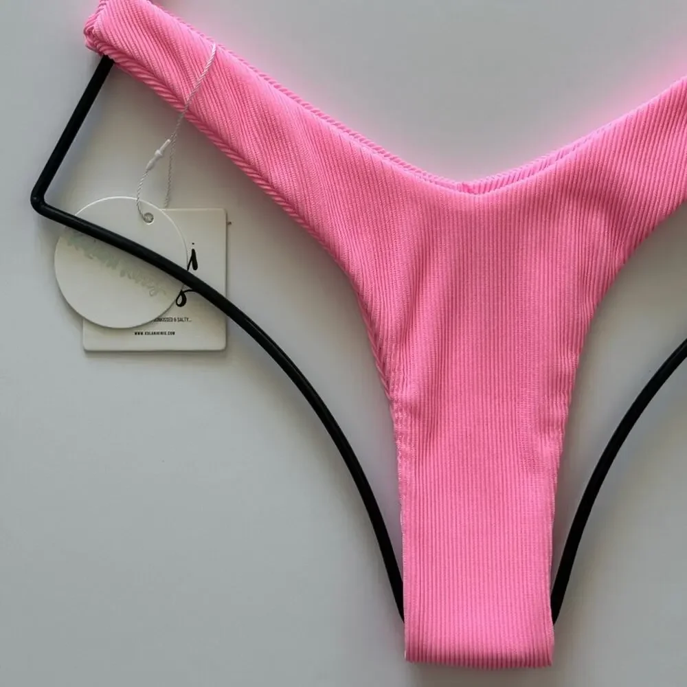 Kulani Kinis Y Cheeky Bikini Bottom - Barbie Pink Ribbed - Large - NWT
